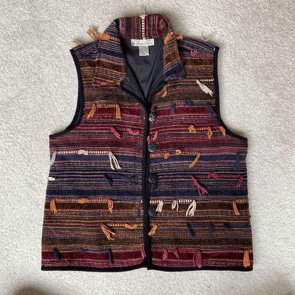 VTG Dressbarn Woven Fringe Vest XL Western Boho Southwestern Ranch 90s